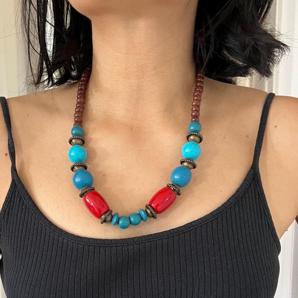 Chunky Statement Necklace single‎ strand bib beaded jewelry turquoise red